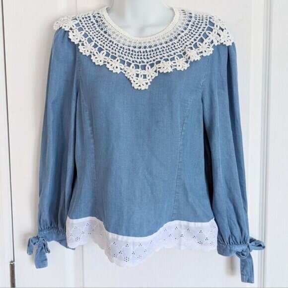 ZARA reworked denim blouse detachable crochet collar and lace edge Small @L - Picture 2 of 10